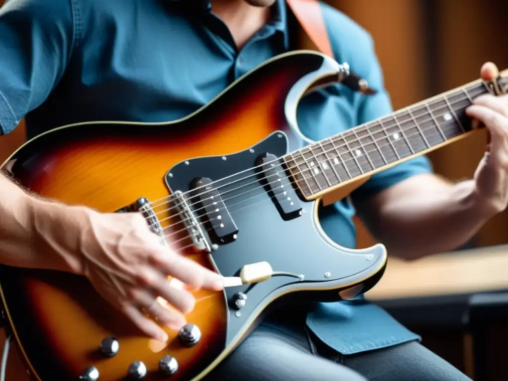 Un guitarrista ejecuta con maestría la técnica de sweep picking en una guitarra eléctrica, mostrando concentración y destreza