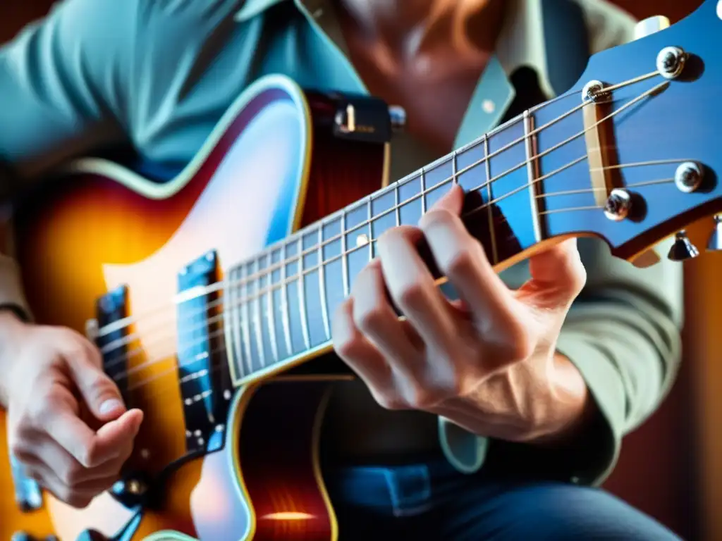 Un guitarrista ejecuta la técnica de tapping con precisión y pasión en una guitarra eléctrica, mostrando la destreza y el enfoque en la técnica