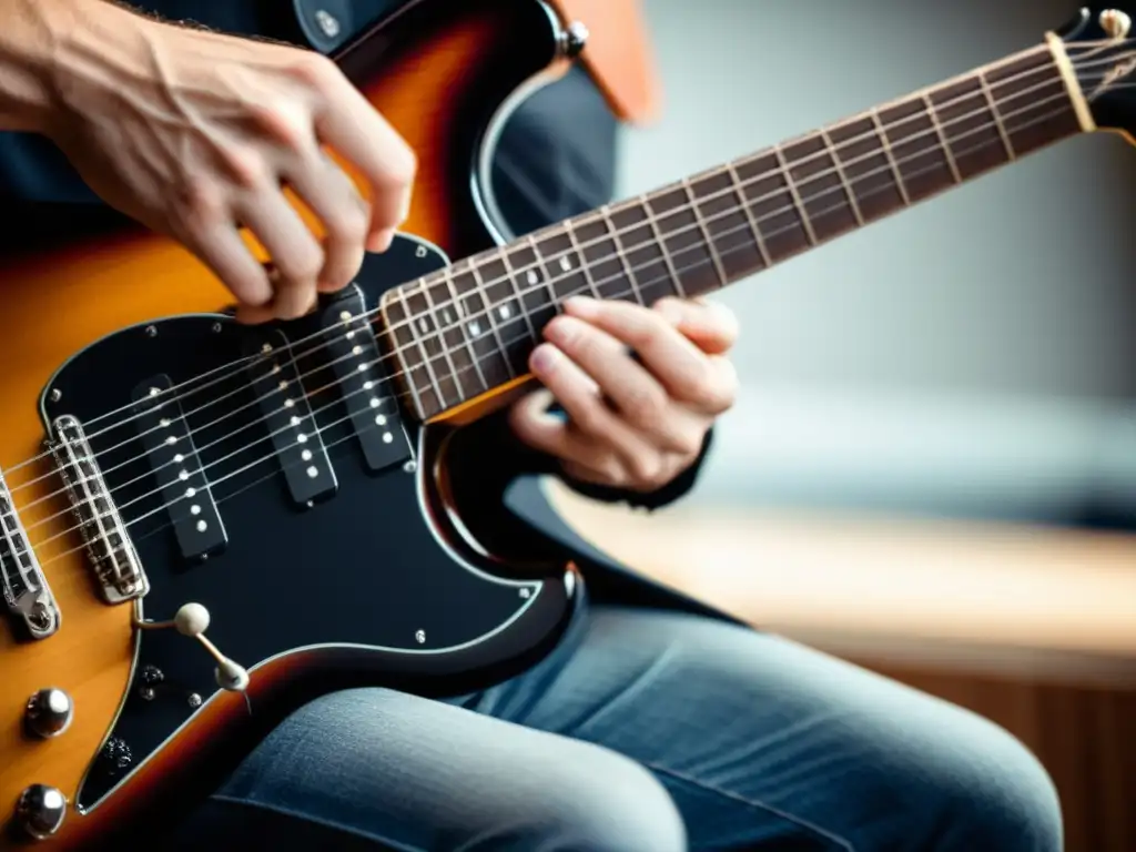 Un guitarrista ejecuta la técnica de tapping con maestría, moviendo ágilmente sus manos sobre el diapasón de una guitarra eléctrica