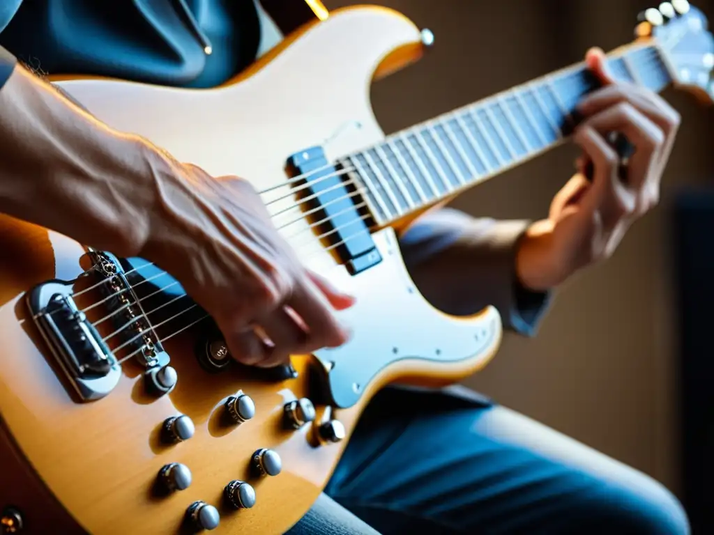 Un guitarrista ejecutando una técnica de puenteo alternativo con precisión y velocidad en su guitarra eléctrica