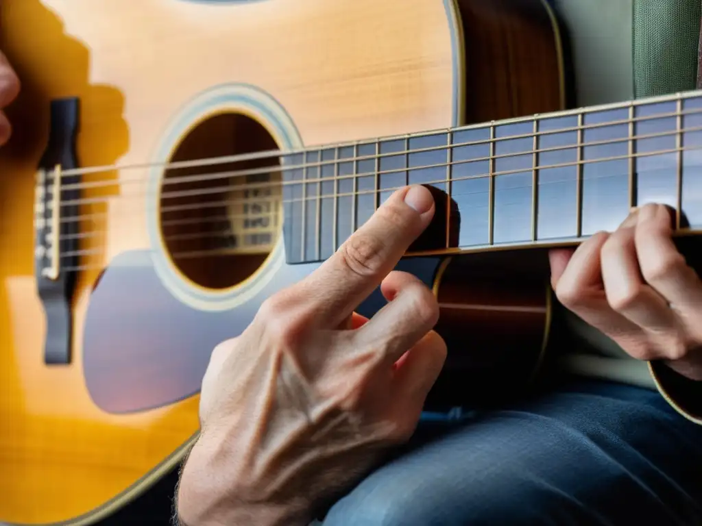 Un guitarrista hábil usa una técnica slide en una guitarra acústica, capturando la intensidad y emoción de la música