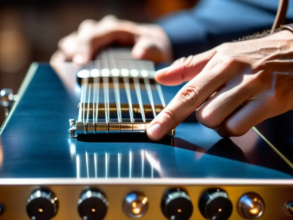 Un guitarrista hábil ejecuta la técnica del Slide Guitar con intensa emoción y precisión, revelando la rica historia de este estilo musical icónico