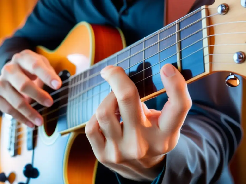 Un guitarrista ejecuta con maestría la técnica de slurs en el diapasón de la guitarra, destacando la destreza y precisión de sus movimientos
