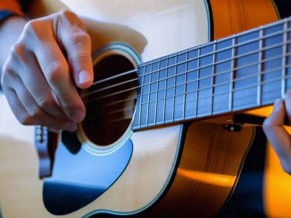 Un guitarrista ejecuta con maestría la técnica de slurs en una guitarra acústica, mostrando la articulación de sus dedos y la expresión concentrada