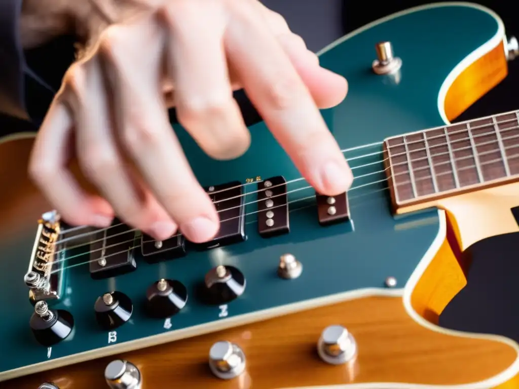 Un guitarrista ejecutando la técnica de tapping en una guitarra eléctrica