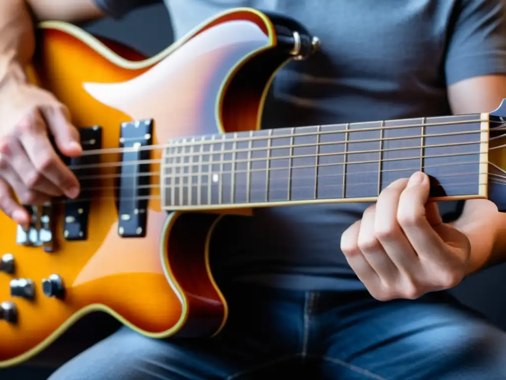 Un guitarrista ejecutando la técnica de tapping de dos manos con precisión en una guitarra eléctrica