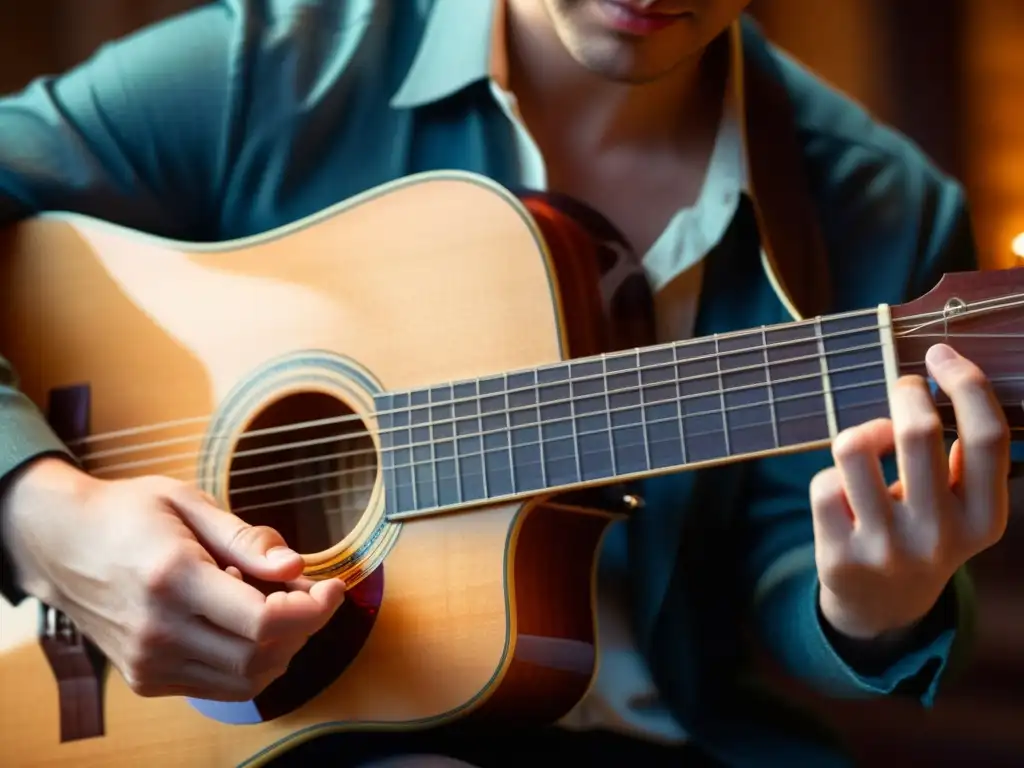 Un guitarrista tocando técnicas armónicas en una guitarra clásica, con destreza y belleza