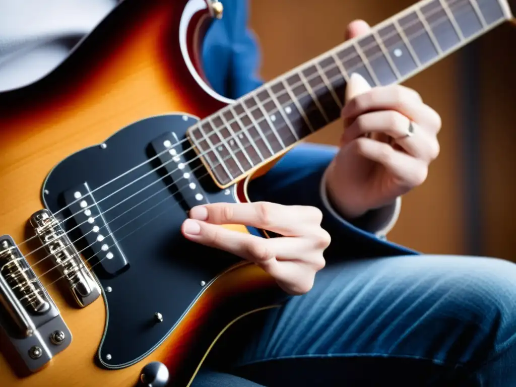 Un guitarrista ejecutando técnicas vibrato en una guitarra eléctrica pulida, con detalle y emoción