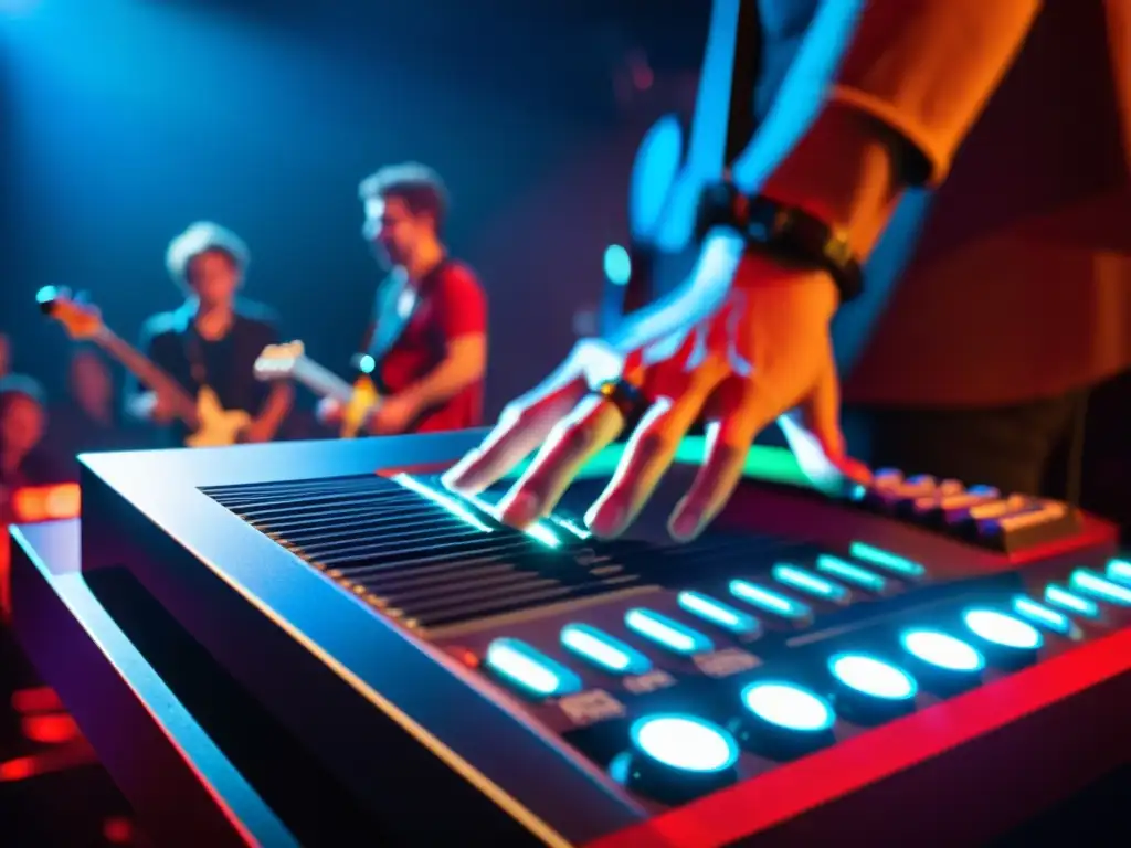 Un guitarrista sintetizando en vivo, fusionando sonidos tradicionales con elementos electrónicos