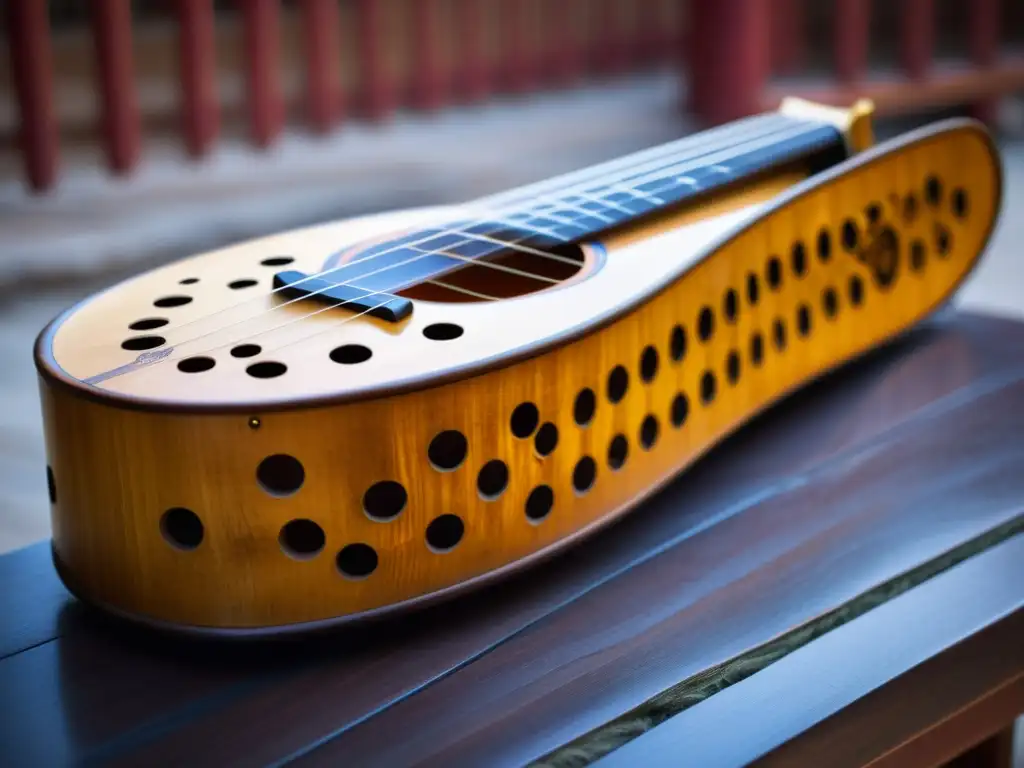 Un Guqin antiguo iluminado por una lámpara china, evocando la filosofía y música del Guqin en un ambiente tranquilo y lleno de historia