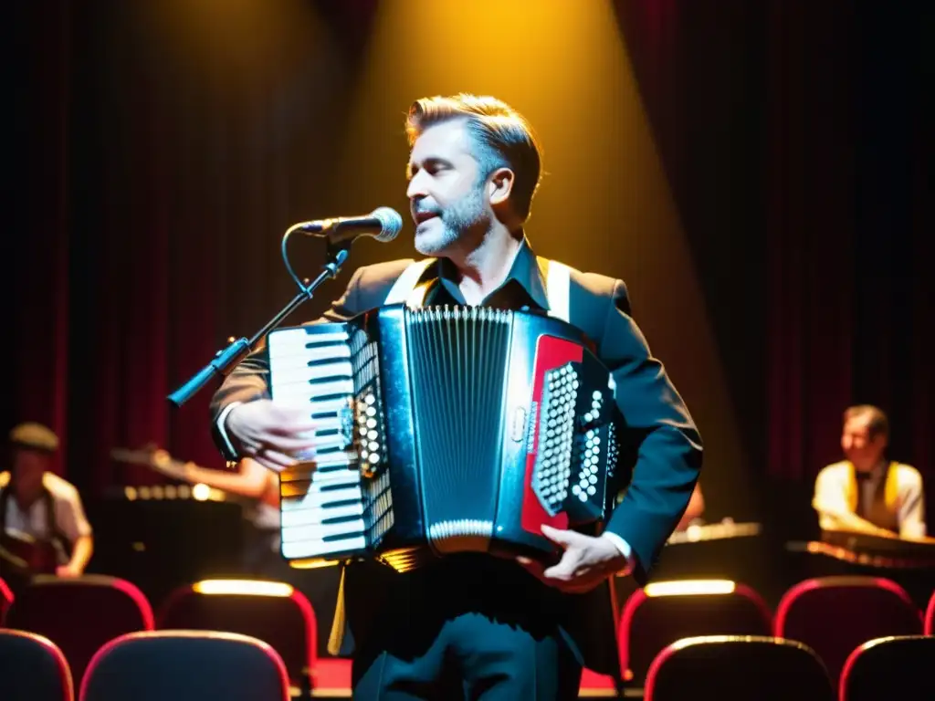 Un hábil acordeonista interpreta con pasión en un teatro iluminado