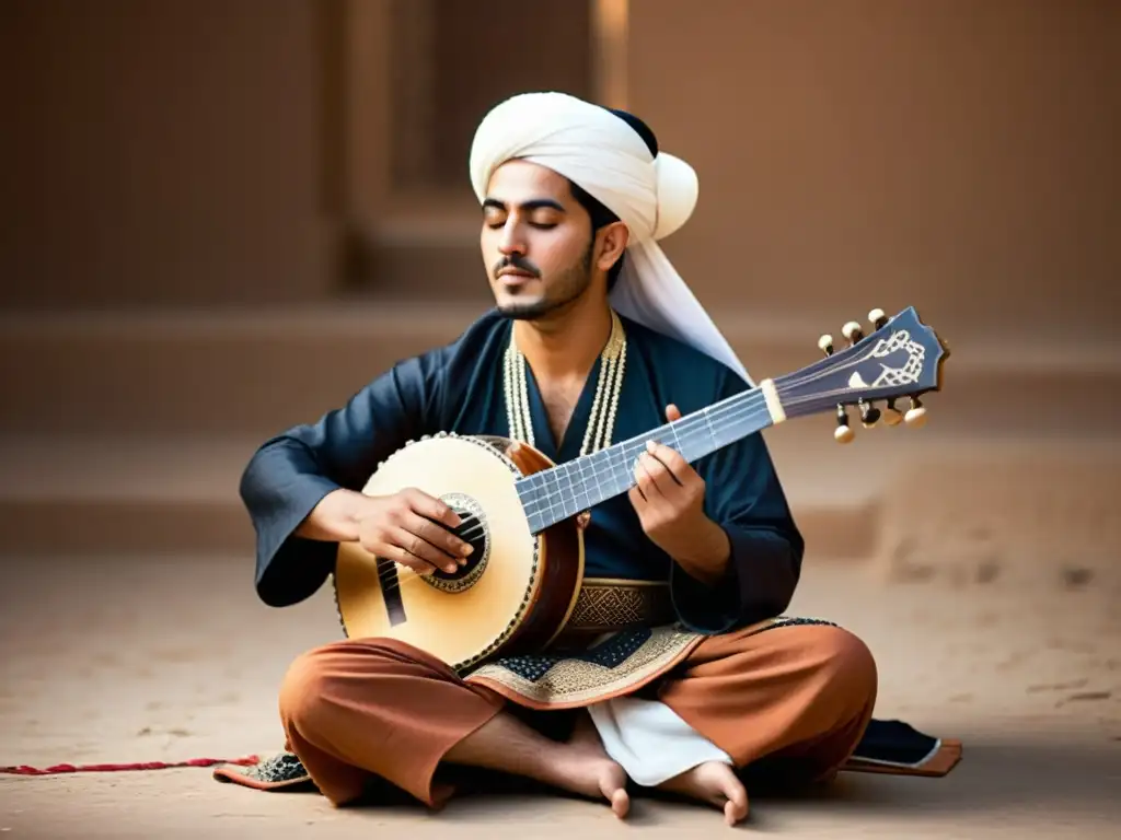 Un hábil intérprete de Qanun árabe, vistiendo atuendo tradicional, toca con destreza las cuerdas del instrumento