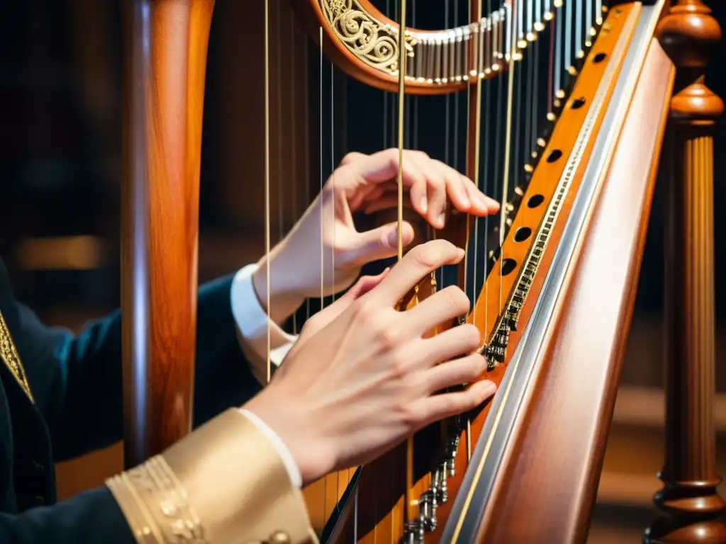 Una hábil arpista ajusta con destreza la técnica del pedal en el arpa, reflejando elegancia y maestría en la música