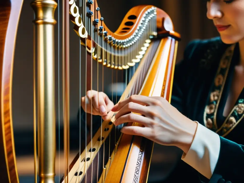 Un hábil arpista interpreta en un festival, resaltando la belleza del arpa