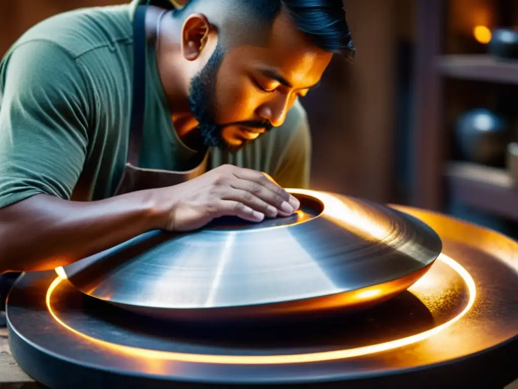 Un hábil artesano moldea con precisión el acero de una handpan en su taller iluminado, fusionando técnicas tradicionales con influencias modernas