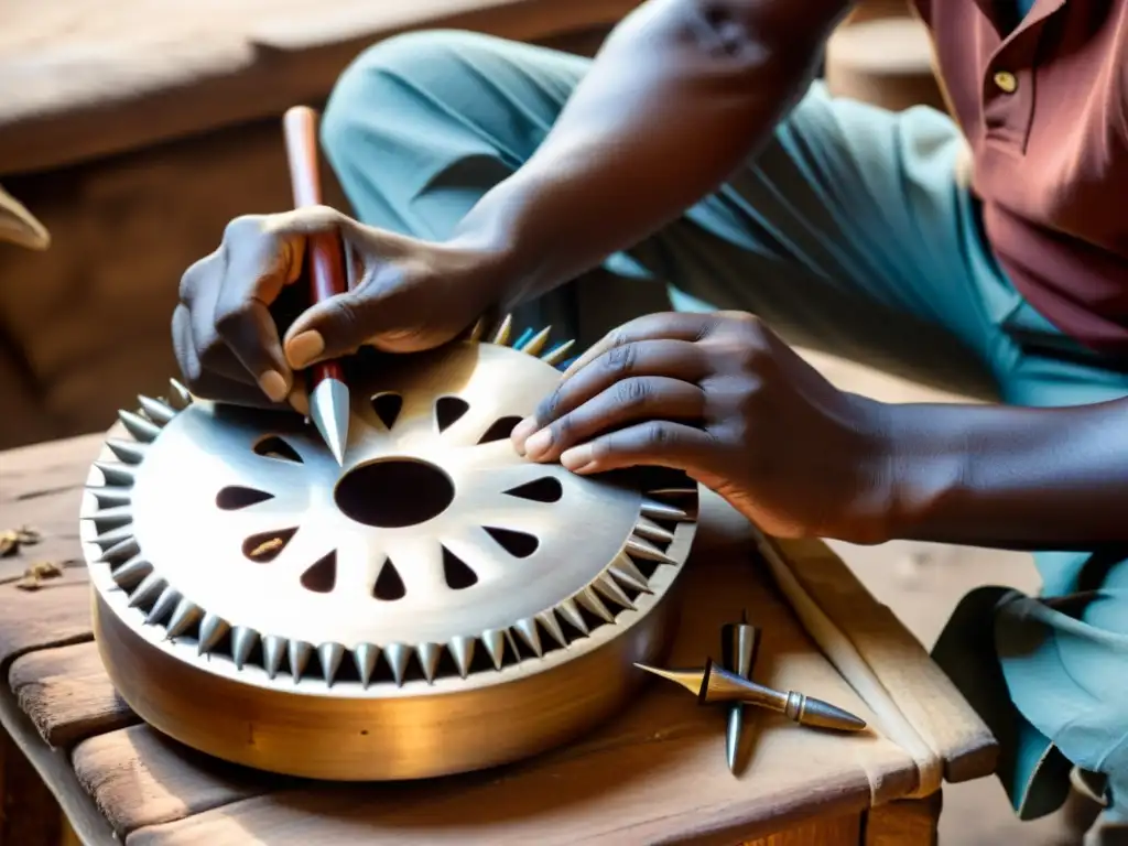 Un hábil artesano africano da forma y ajusta las llaves de metal de un Mbira en un taller rústico