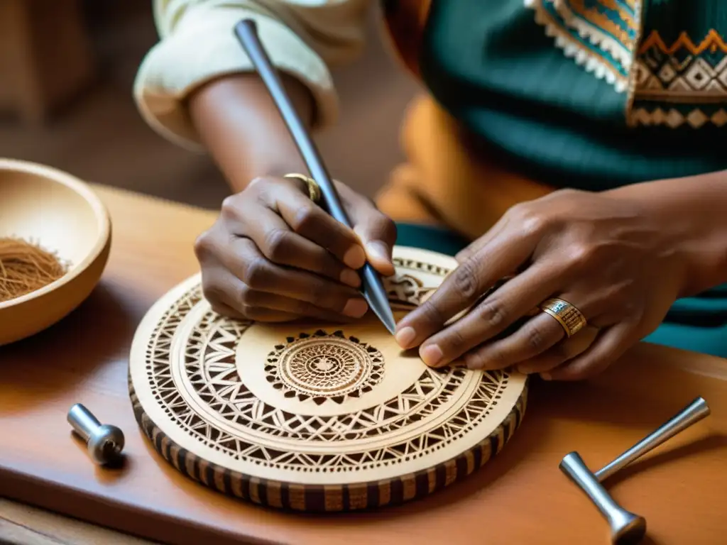 Un hábil artesano andino construye un charango con pasión y precisión en su taller, capturando la esencia de la construcción del charango andino