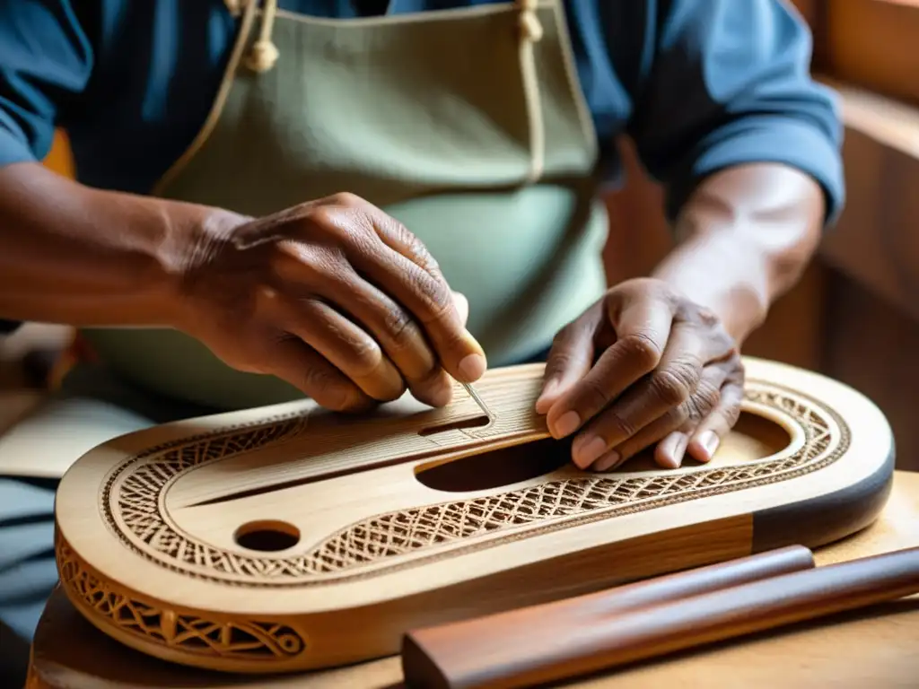 Un hábil artesano andino talla un charango, mostrando la importancia cultural del charango andino en sus manos expertas y en la madera