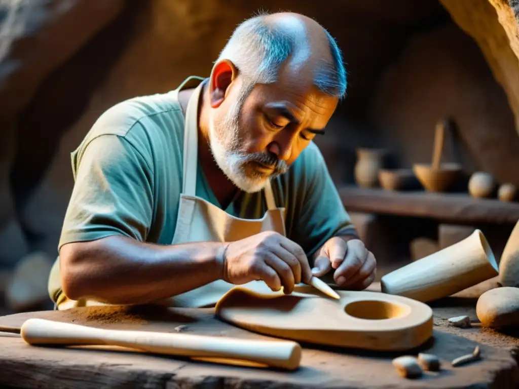 Un hábil artesano talla un antiguo instrumento de viento en un entorno prehistórico, usando herramientas primitivas