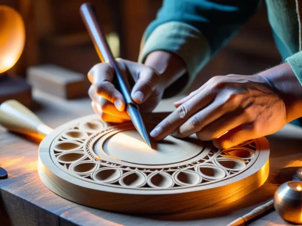 Un hábil artesano reconstruye un antiguo instrumento musical con técnicas tradicionales en su cálida y detallada tienda