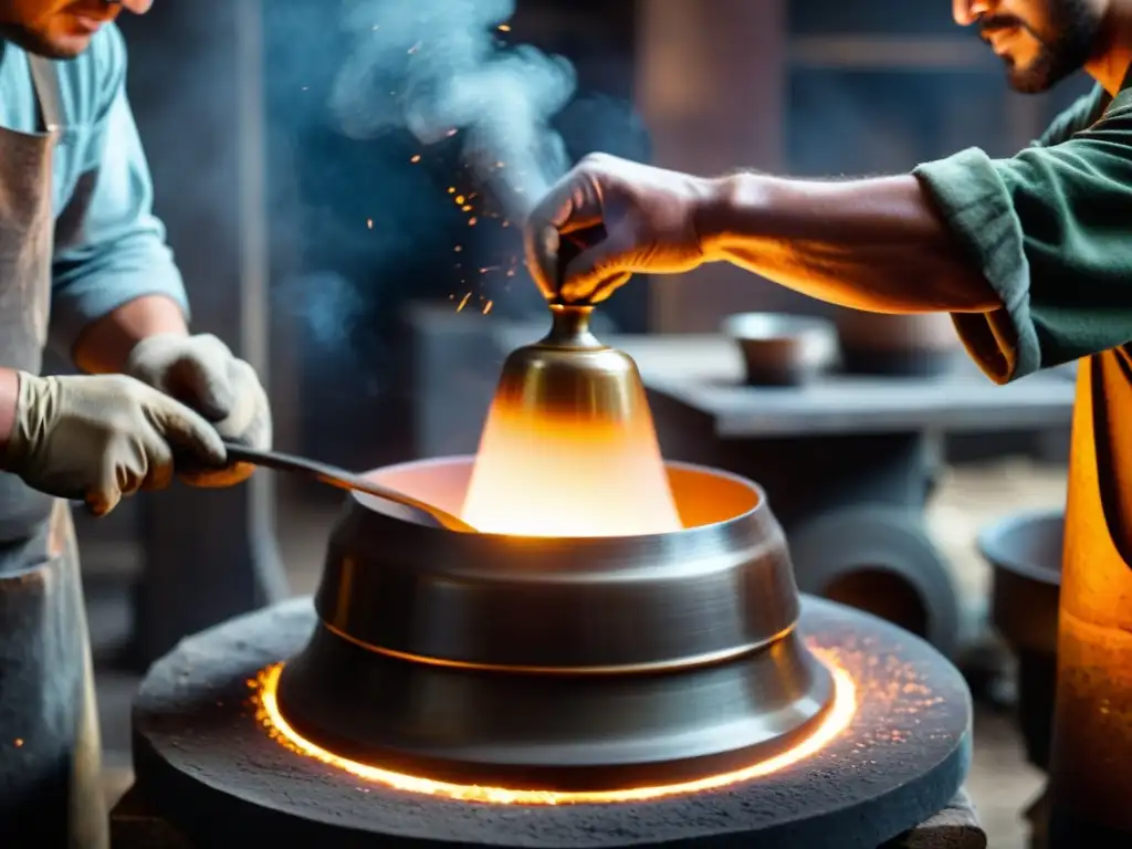 Un hábil artesano vierte bronce fundido en un molde de campana, con un ambiente de taller tradicional