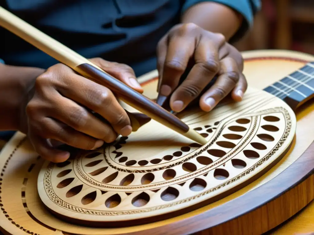 Un hábil artesano talla, ensambla y ajusta un charango, mostrando el proceso detallado