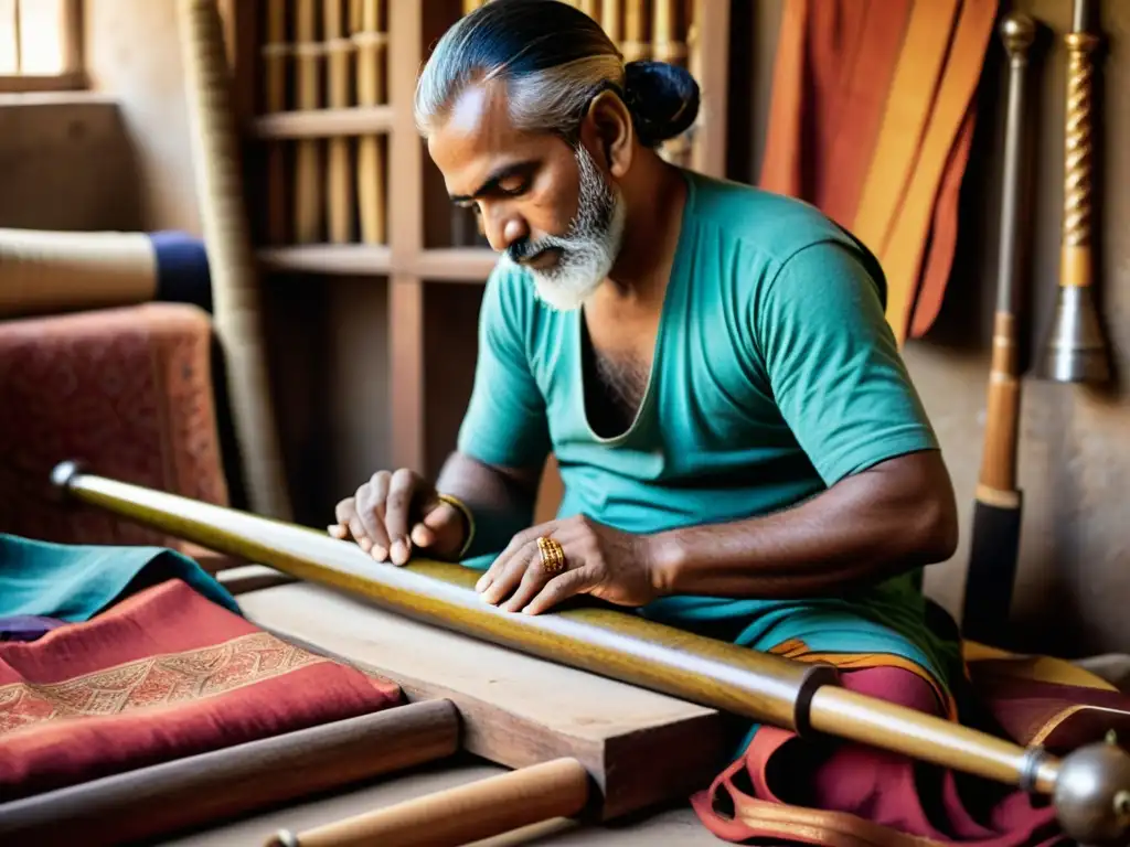 Un hábil artesano trabaja meticulosamente en la construcción de un sarangi indio, rodeado de telas coloridas y elementos de la artesanía