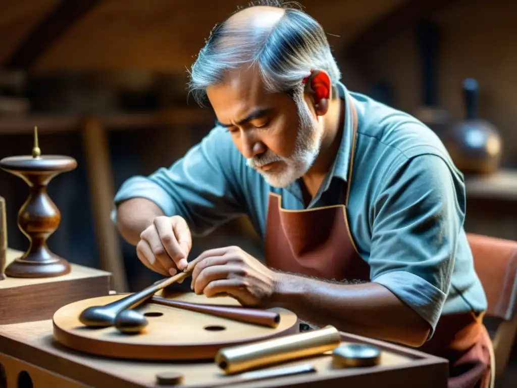 Un hábil artesano restaura con cuidado un antiguo instrumento musical rodeado de herramientas y artefactos históricos, destacando la dedicación y expertise necesarios en la restauración sonora de instrumentos musicales antiguos