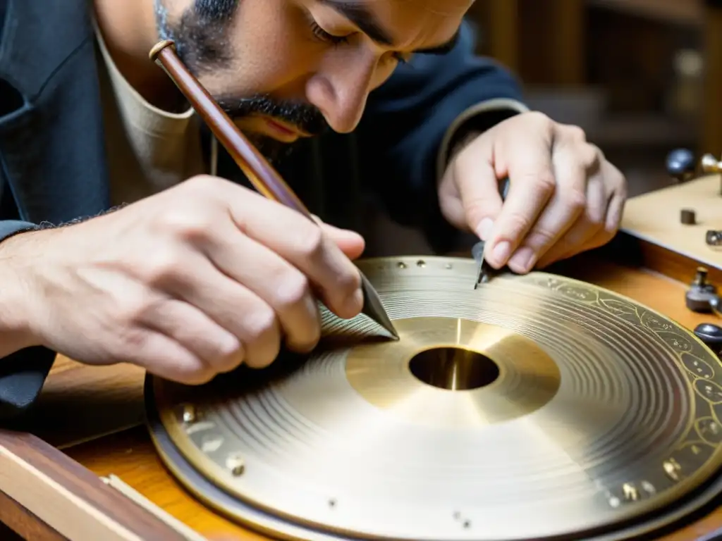 Un hábil artesano restaura con cuidado un instrumento musical vintage para su uso en cine, mostrando destreza y dedicación en el proceso de restauración