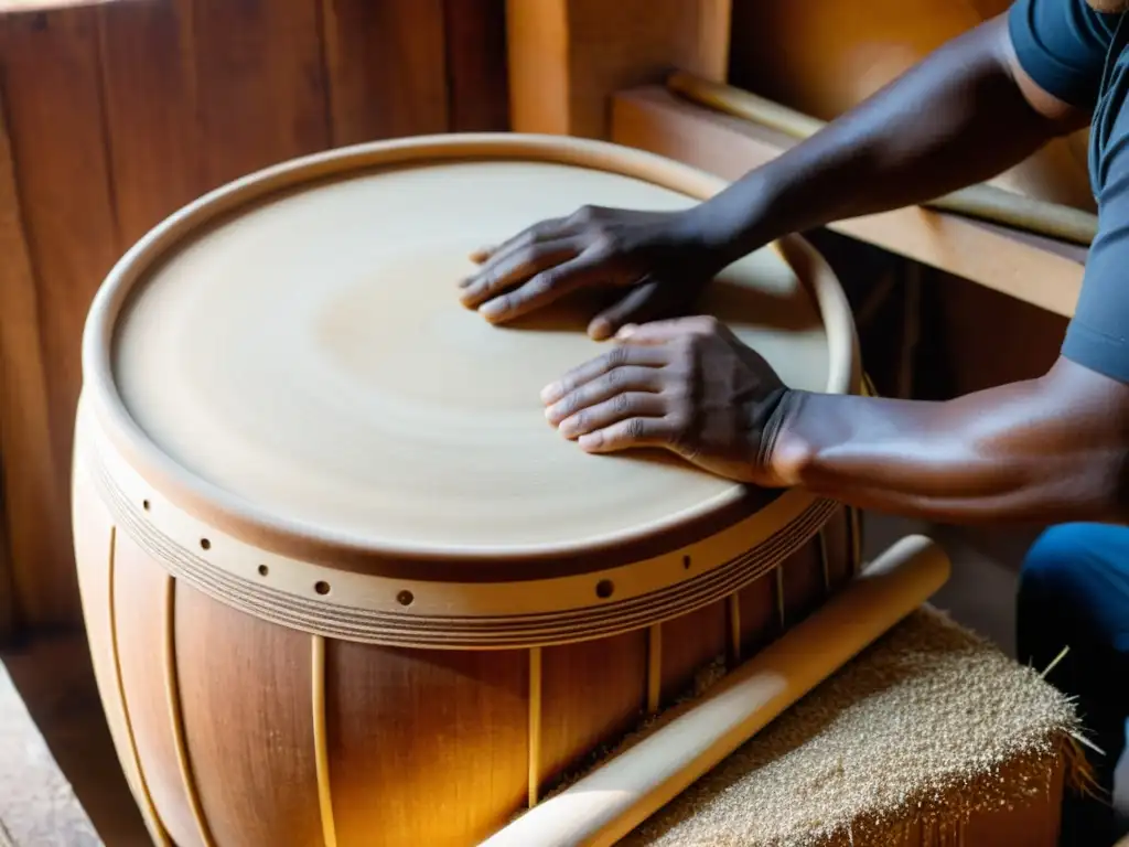 Un hábil artesano talla con cuidado un surdo de madera en un taller brasileño, mostrando el origen y construcción del surdo brasileño