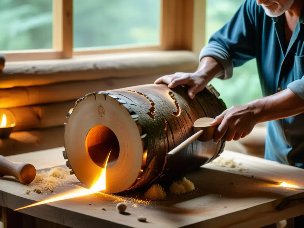 Un hábil artesano talla con cuidado un tronco para construir un tambor de madera, resaltando la historia y construcción del log drum