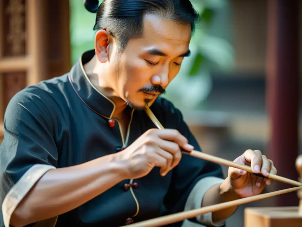 Un hábil artesano talla con dedicación el cuerpo de madera de un erhu chino, destacando la emoción y destreza en su construcción