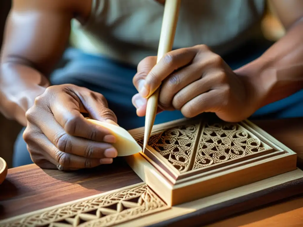 Un hábil artesano tailandés talla con precisión las delicadas cuerdas de madera de un Khim, rodeado de herramientas y componentes finamente elaborados