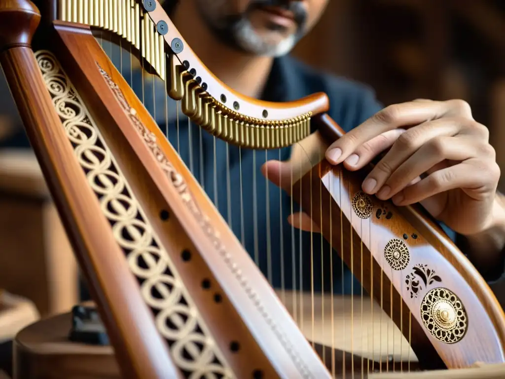 Restauración experta de arpa antigua: manos hábiles resaltan la artesanía Un hábil artesano restaura con delicadeza un antiguo arpa, resaltando sus detalles intrincados