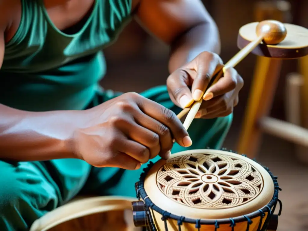 Un hábil artesano restaura con delicadeza un antiguo instrumento de percusión étnico, preservando su herencia cultural