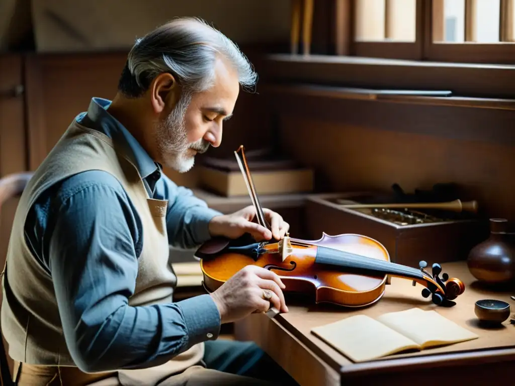 Un hábil artesano restaura con delicadeza un violín centenario en un taller cálido, rodeado de herramientas y instrumentos musicales antiguos