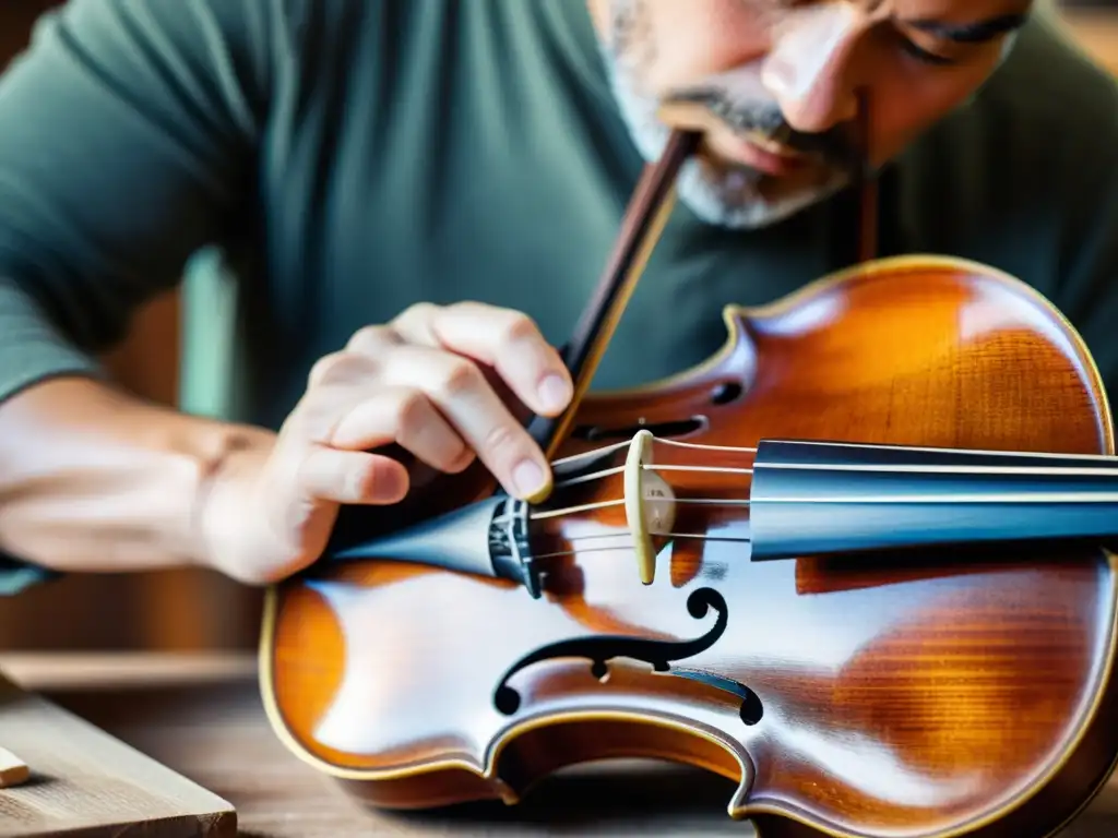 Un hábil artesano restaura con delicadeza un violín antiguo, revelando su belleza natural