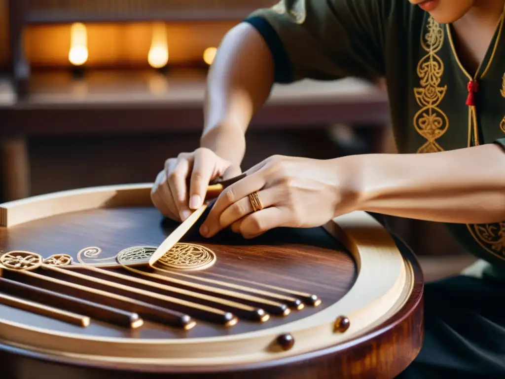 Un hábil artesano esculpe con destreza las delicadas cuerdas de madera de un guzheng chino en su taller iluminado por una tenue luz dorada