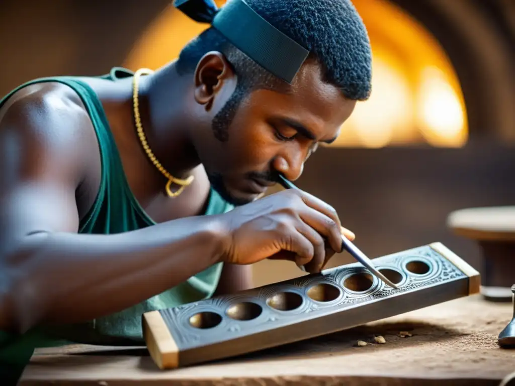 Un hábil artesano trabaja en detalle un instrumento Karinyan en su taller, capturando la esencia del Karinyan en la música guineana