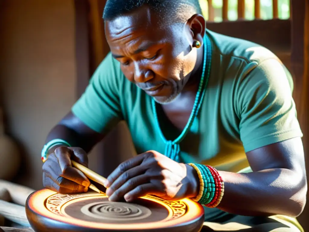 Un hábil artesano talla un diseño intrincado en un instrumento musical Ngoni, destacando la artesanía y la historia cultural de Malí