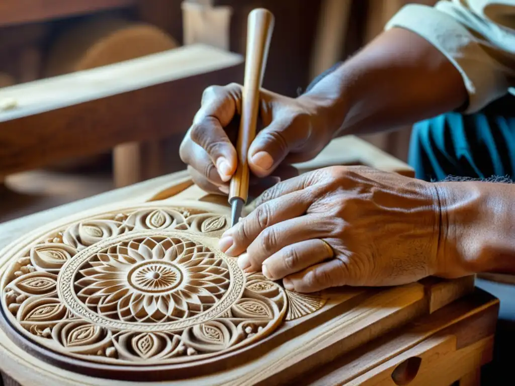 Un hábil artesano talla diseños en un instrumento musical de madera, con herramientas tradicionales