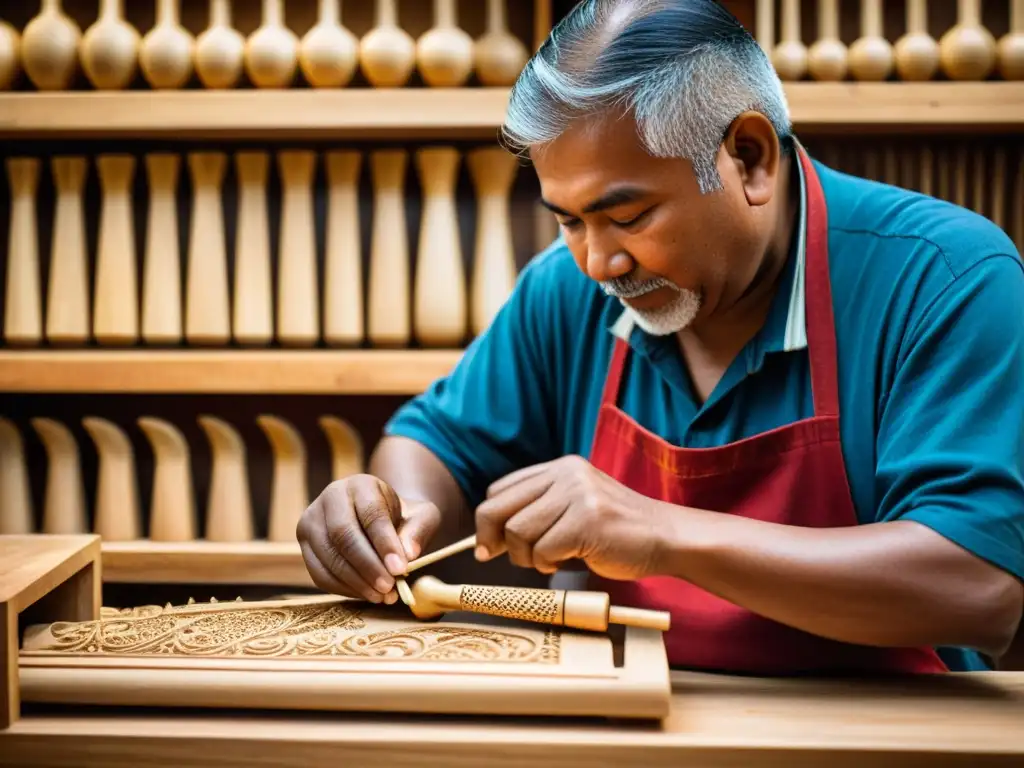 Un hábil artesano tallando diseños en un instrumento musical tradicional, con manos curtidas, evocando el comercio de instrumentos musicales locales