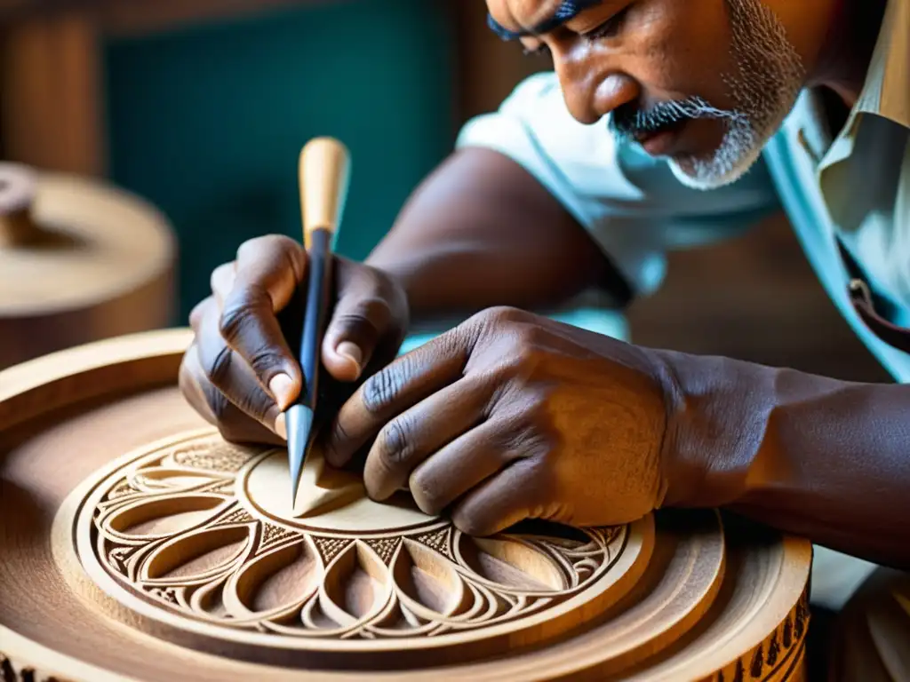 Un hábil artesano talla diseños intrincados en un instrumento musical de madera, destacando la preservación de instrumentos musicales tradicionales