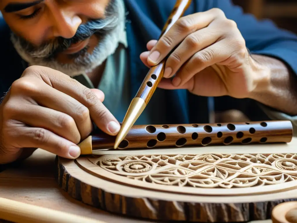 Un hábil artesano talla diseños en madera rica y antigua para construir un ney persa, mostrando técnicas precisas y tradicionales