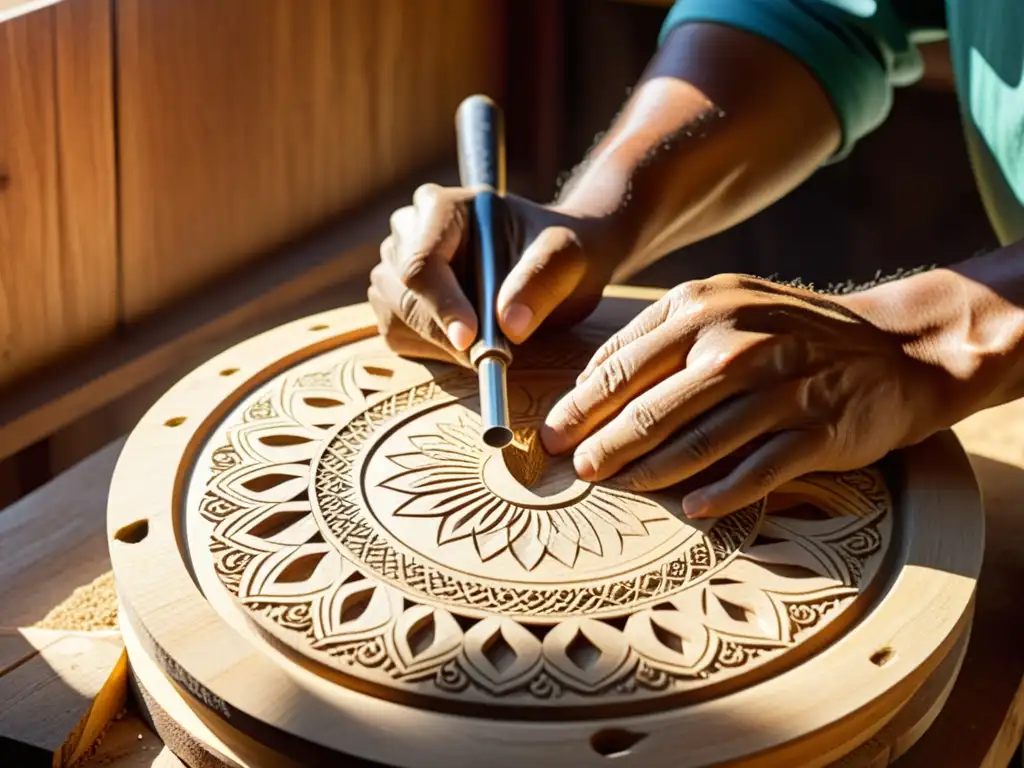 Un hábil artesano talla diseños en un resonador de madera para un balafón