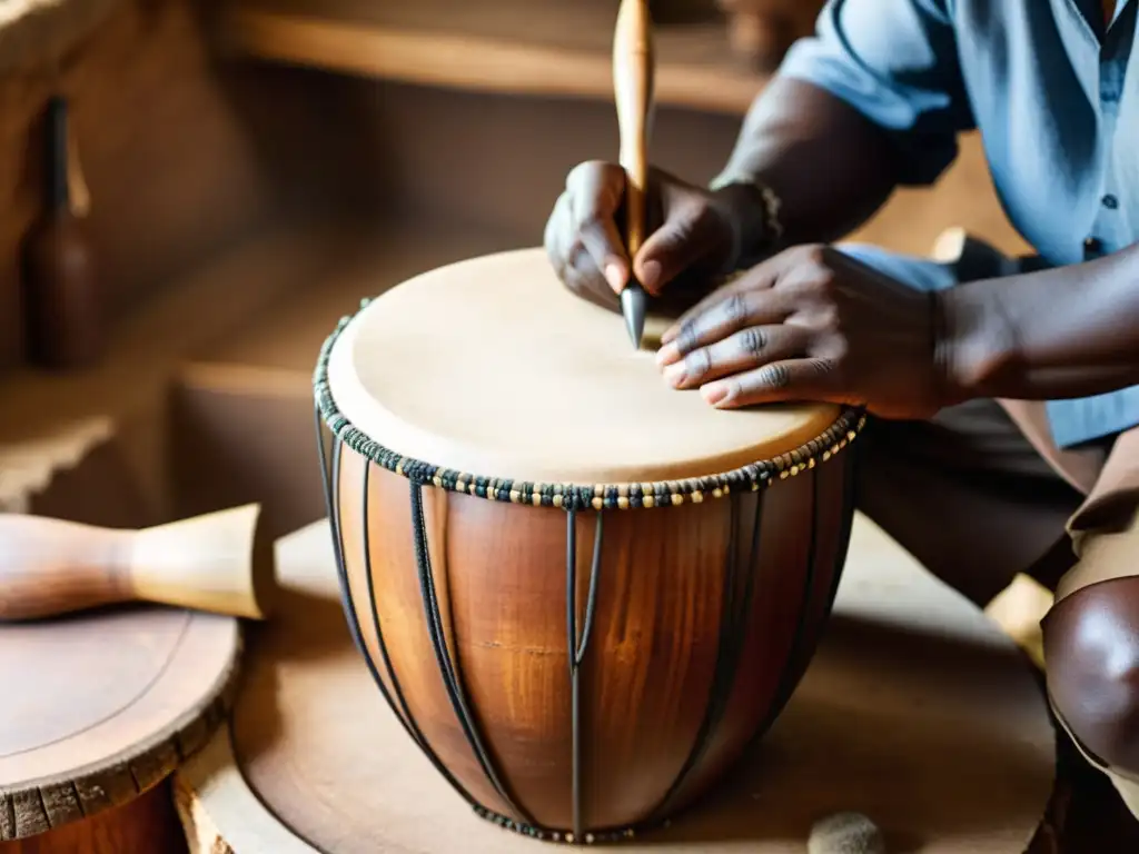 Un hábil artesano talla un djembe africano, mostrando la tradición y el cuidado en su elaboración