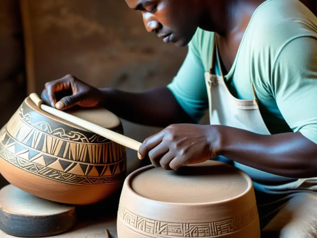 Un hábil artesano moldea un doumbek con materiales tradicionales, mostrando la historia y construcción del doumbek