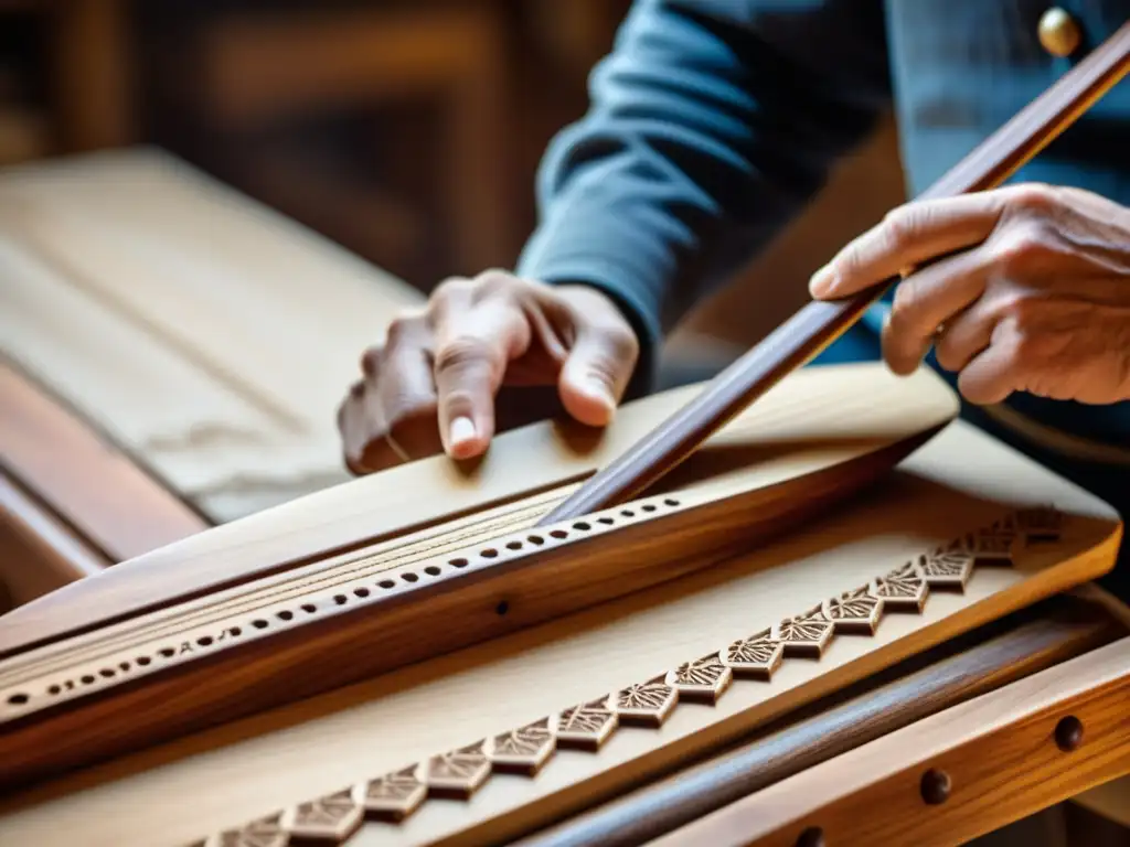 Un hábil artesano talla un dulcémele tradicional en madera en detalle, transmitiendo tradición, destreza y conexión con la música montañesa de América