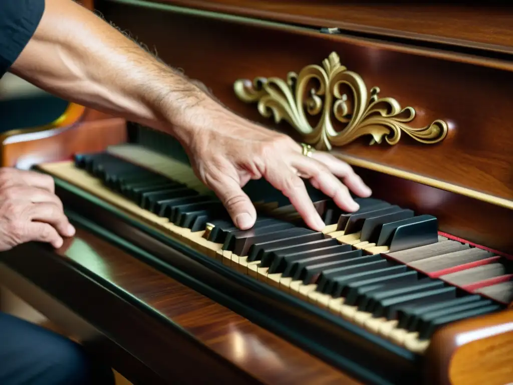 Un hábil artesano restaura con esmero los detalles de madera de un antiguo piano, iluminado por luz natural