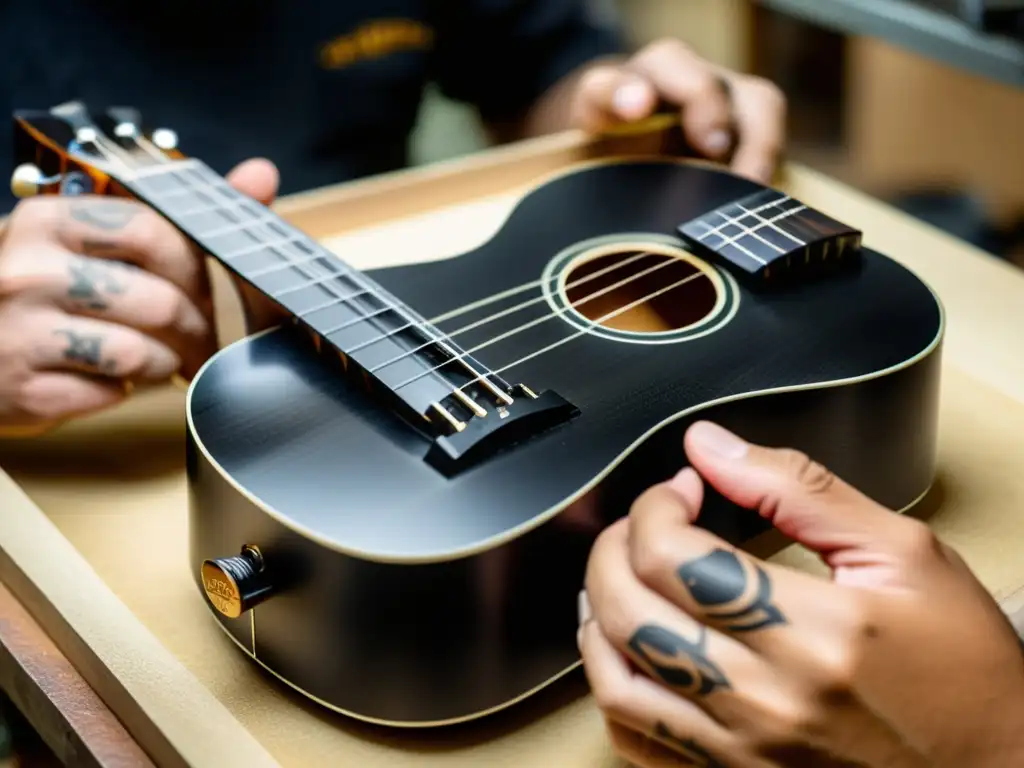 Un hábil artesano da forma a un ukelele de fibra de carbono negro, con detalles precisos y manos tatuadas